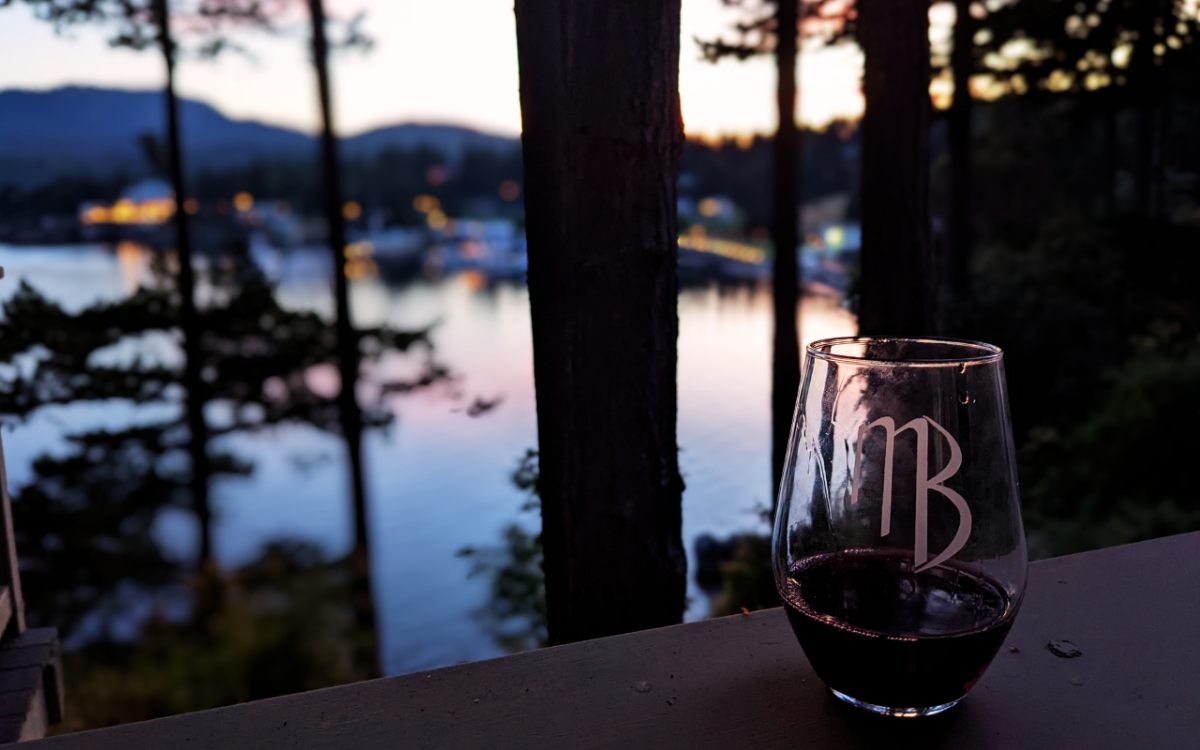 Glass of red Madrona Bay wine 